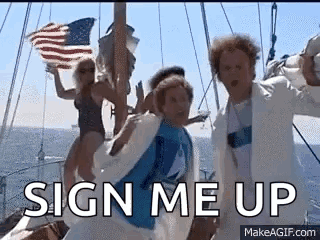 Group Holding American Flag and Sign Me Up on Boat