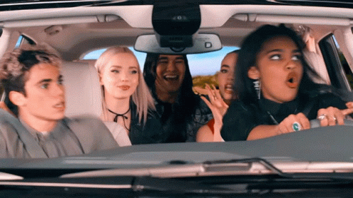 Group in Car With Rear View Mirror Showing D