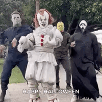 Group In Halloween Costumes Dancing GIF