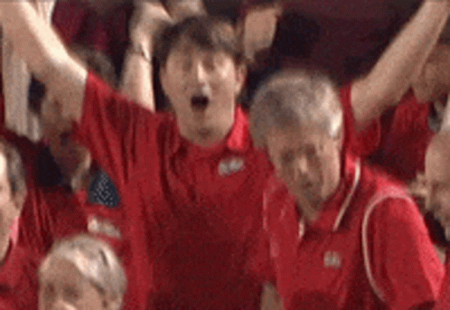 Group in Red Shirts Cheering in Stadium