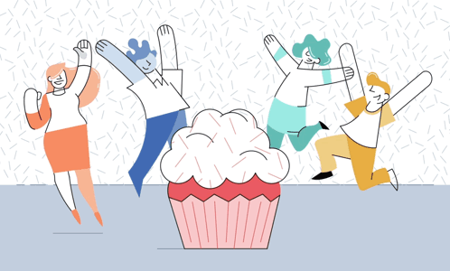 Group Jumping in Front of Cupcake