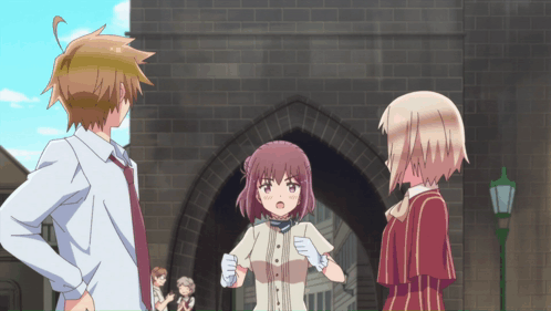 Group of Anime Characters in Front of Brick Building