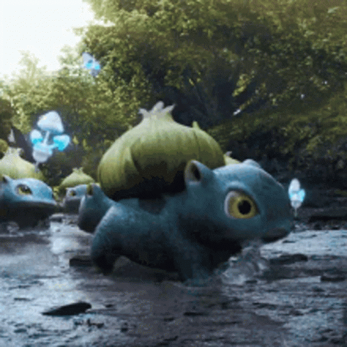 Group Of Bulbasaur Walking On River GIF