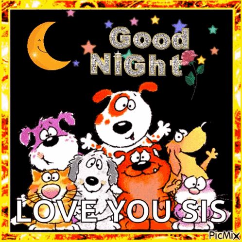 Group Of Cartoon Animals Saying Good Night Love You Sis GIF