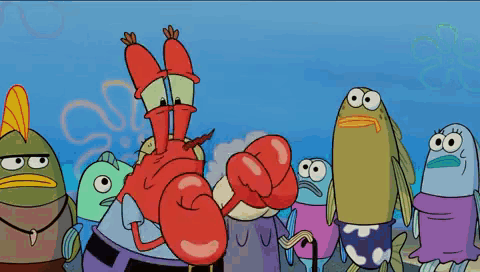 Group of Cartoon Characters Including a Lobster