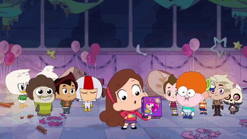 Group of Cartoon Characters Including Girl Holding Book