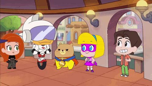 Group of Cartoon Characters Standing in a Hallway