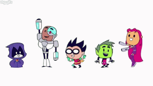 Group Of Cartoon Characters Standing In A Line GIF