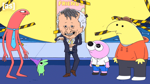 Group Of Cartoon Characters Standing In Front Of Friend Sign GIF