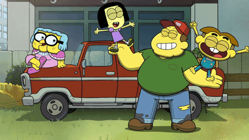 Group of Cartoon Characters Standing in Front of Truck