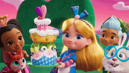 Group of Cartoon Characters With Cake