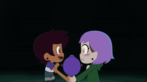 Group of Cartoon Ducks Standing Around Girl Holding Purple Object