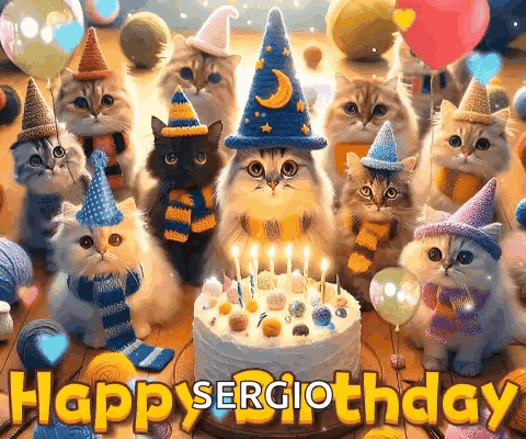 Group Of Cats In Party Hats Around Birthday Cake GIF