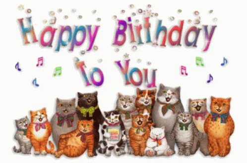 Group of Cats Sitting in Front of Happy Birthday