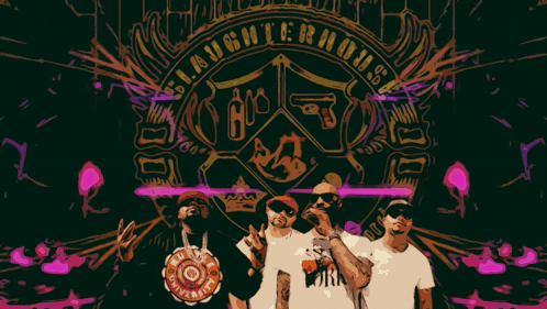 Group of Men in Front of Laughterhouse Logo