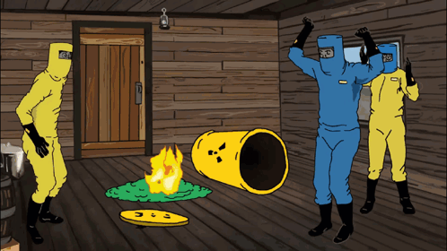 Group of Men in Yellow and Blue Suits with Barrel