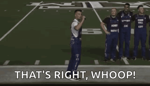 Group of Men on Football Field Saying That's Right Whoop