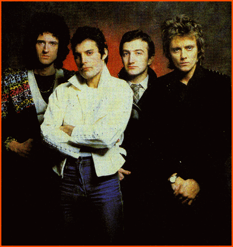 Group of Men Posing With Queen Text
