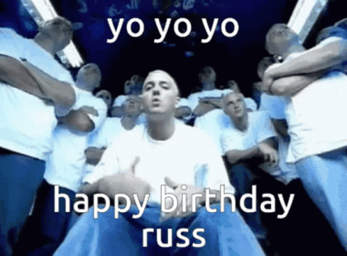 Group Of Men Standing Around Man Saying Happy Birthday Russ GIF