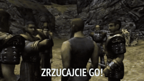 Group Of Men Standing In Circle Saying Zrzucajcie Go GIF