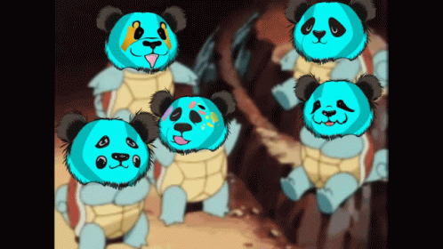 Group Of Panda Bears Sitting On Turtles GIF