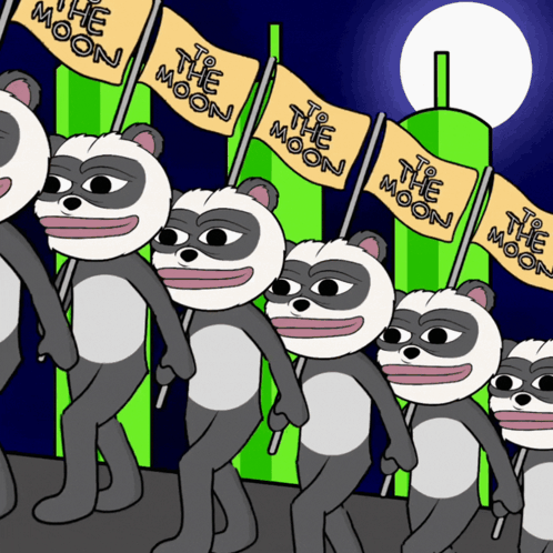 Group of Pandas Marching With To the Moon Flags