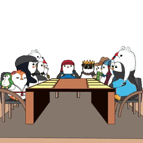 Group of Penguins Sitting Around Table