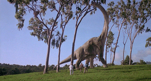 Group Of People Looking At Giant Dinosaur GIF