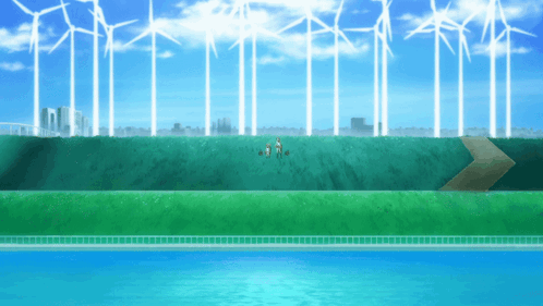 Group Of People Standing In Grassy Field With Windmills GIF