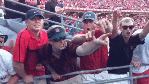 Group Of People Standing In Stadium With Arms In The Air GIF