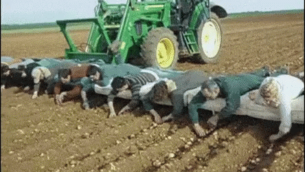 Group of People Working in Field With Green Tractor