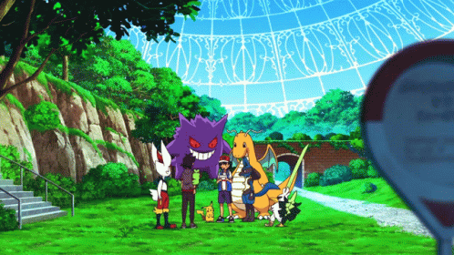 Group Of Pokemon In Field With Clock GIF