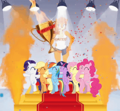 Group Of Ponies On Stage With Hooters Trophy GIF