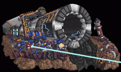 Group of Robots Standing in Front of a Large Pipe