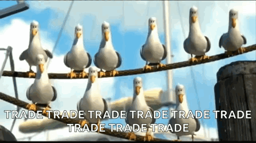 Group Of Seagulls On Rope Saying Trade GIF