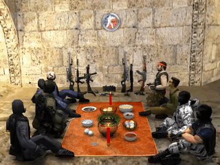 Group of Soldiers Sitting Around Table With Bowls of Food and Clock