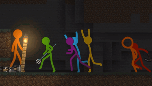 Group Of Stick Figures In Dark Cave GIF