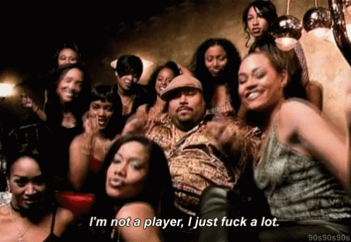 Group Of Women Around Man Saying I'm Not A Player GIF