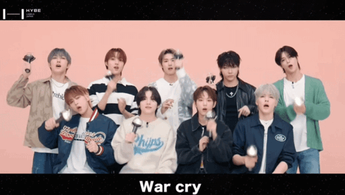Group of Young Men in Front of Pink Background War Cry