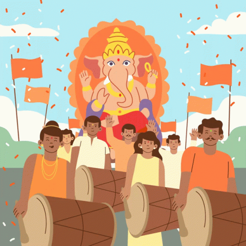 Group Playing Drums in Front of Deity Statue