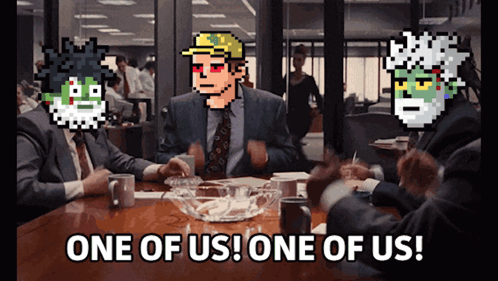 Group Sitting Around Table Saying One Of Us GIF