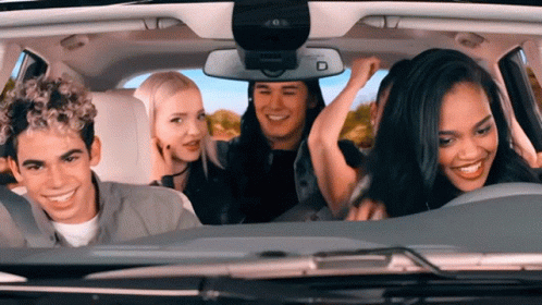 Group Sitting in Car With Rear View Mirror