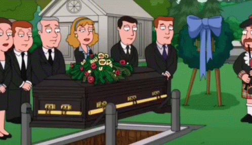 Group Standing Around Black Coffin Saying Ross GIF