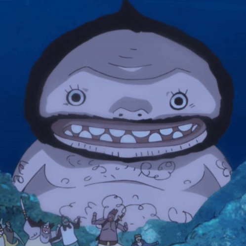 Group Standing Around Cartoon Character With Big Mouth