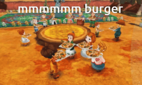 Group Standing Around Table Holding Pizza Saying Mmmmm Burger GIF