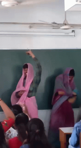 Group Standing at Blackboard With Pink Veil