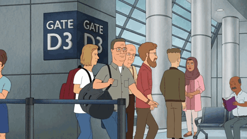 Group Standing In Front Of Gate D3 Sign GIF