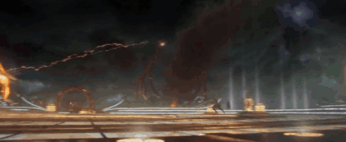 Group Standing in Front of Giant Monster in Dark Room