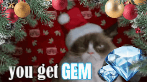 Grumpy Cat in Santa Hat with Christmas Decorations and Diamond
