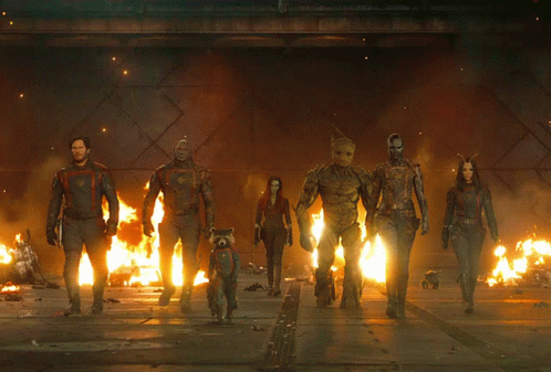 Guardians of the Galaxy Standing in Front of Fire